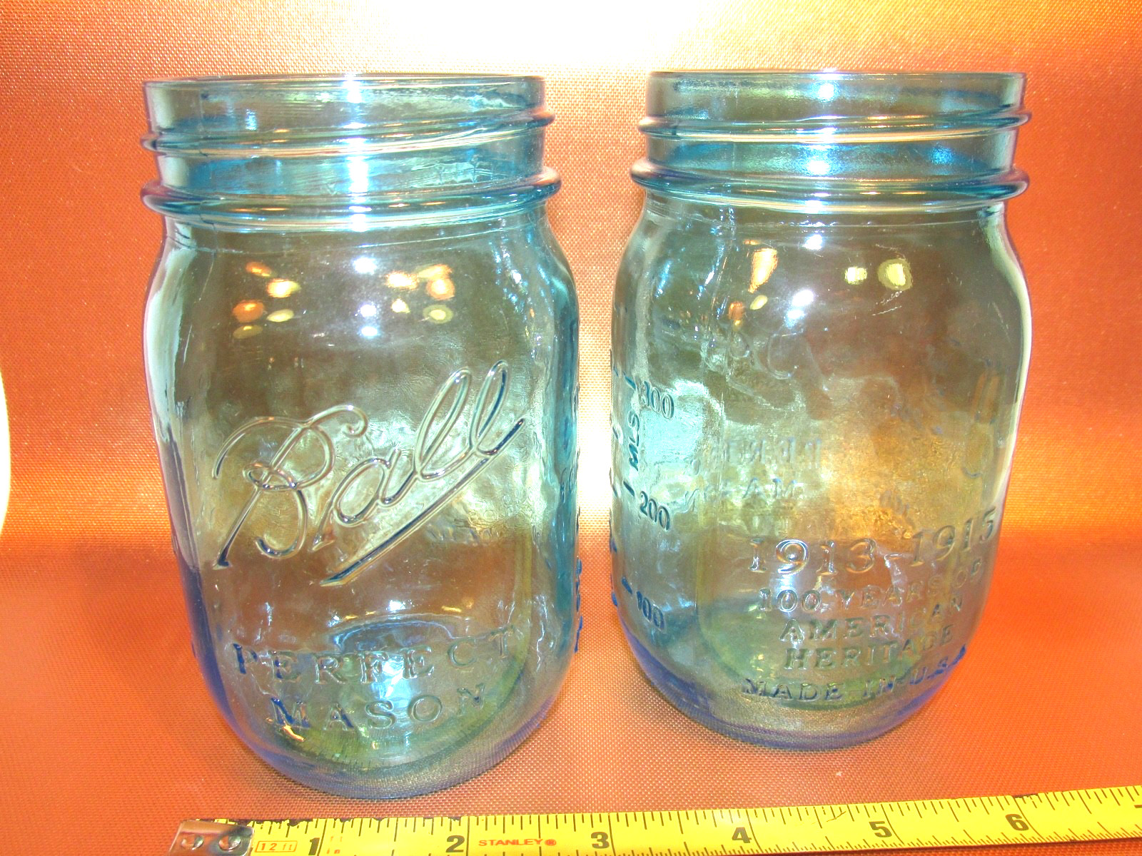 1913-1915 Ball Perfect Mason Light Blue 1 Pint Jar Glass set of 2 1913-1915 Ball Perfect Mason Light Blue 1 Pint Jar Glass set of 2