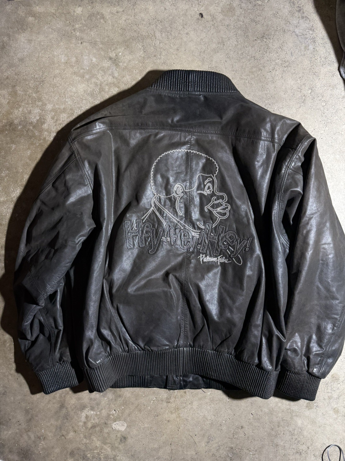 RARE VINTAGE PLATINUM FUBU HEY HEY FAT ALBERT BLACK LEATHER FALL  JACKET 2XL