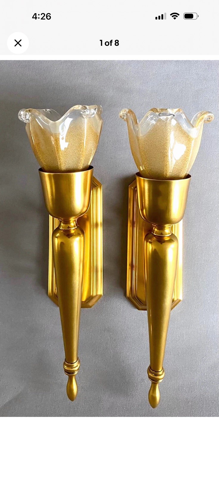 Pair Vintage Brass Gold Tone Torch Sconces with Murano Shades