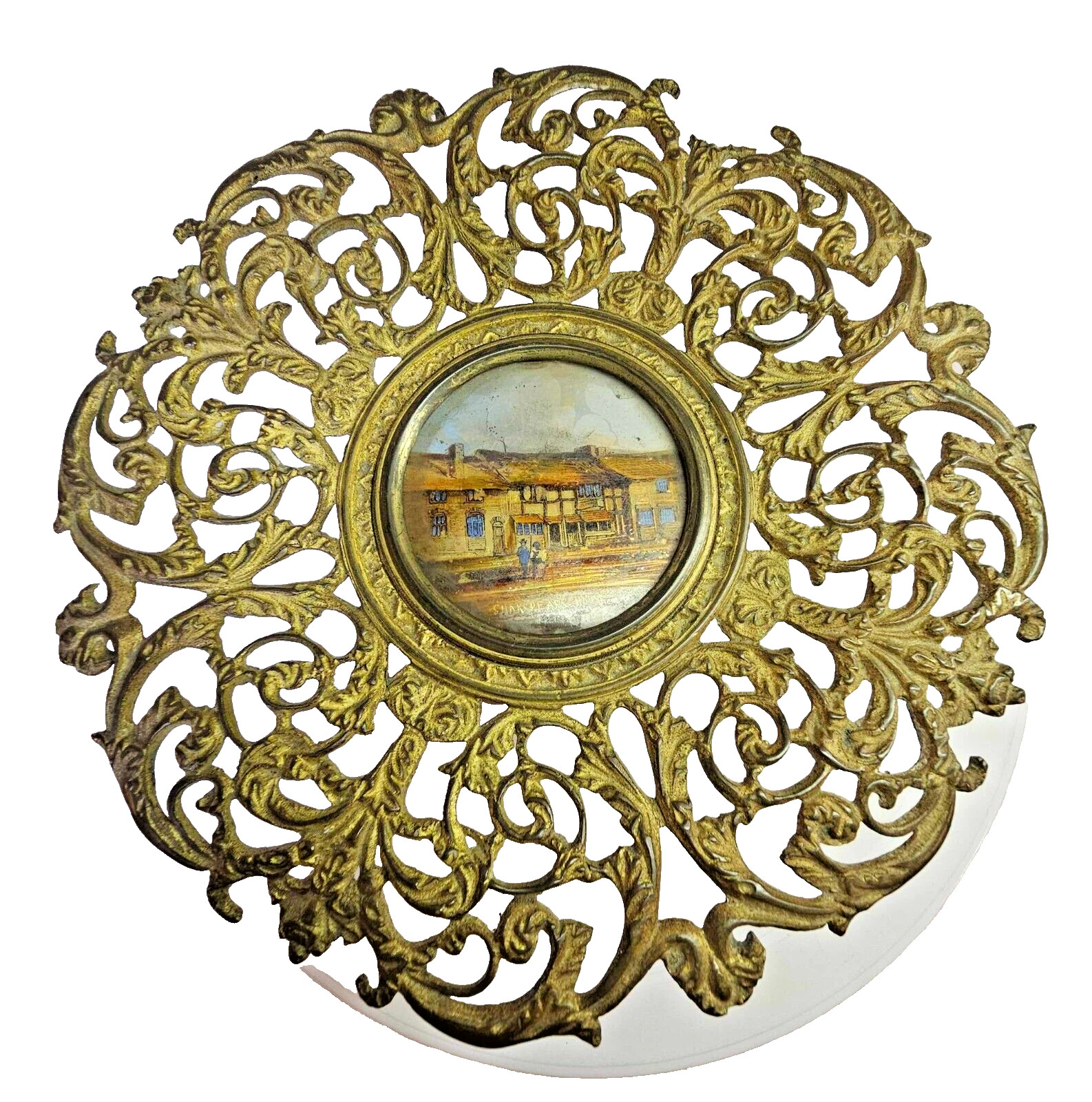 Antique vtg brass Ornate Art Nouveau Shakespeare\'s house tazza compote/cake tray