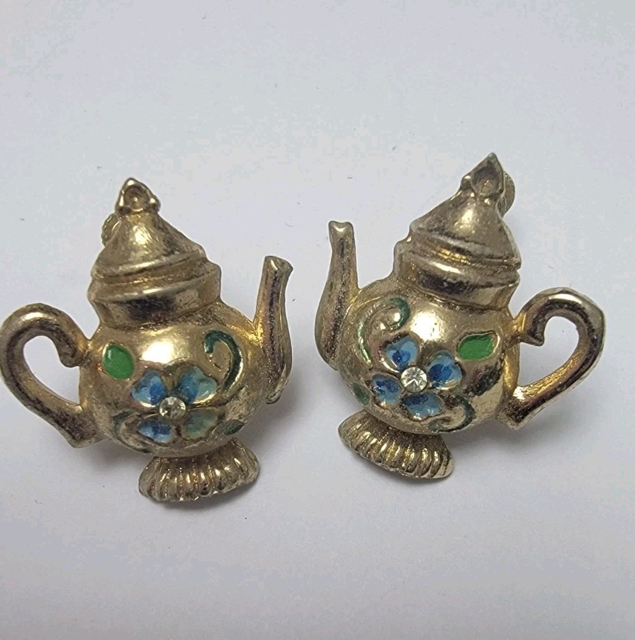 Vintage 1948 Coro Teapot Clip On Earrings Adolph Katz Pat Pend Floral Pair