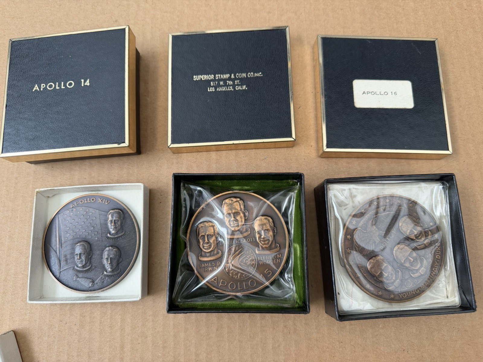 Apollo 14, 15, & 16 Brass Commemorative Coins Superior Stamp & Coin Co. Inc NASA