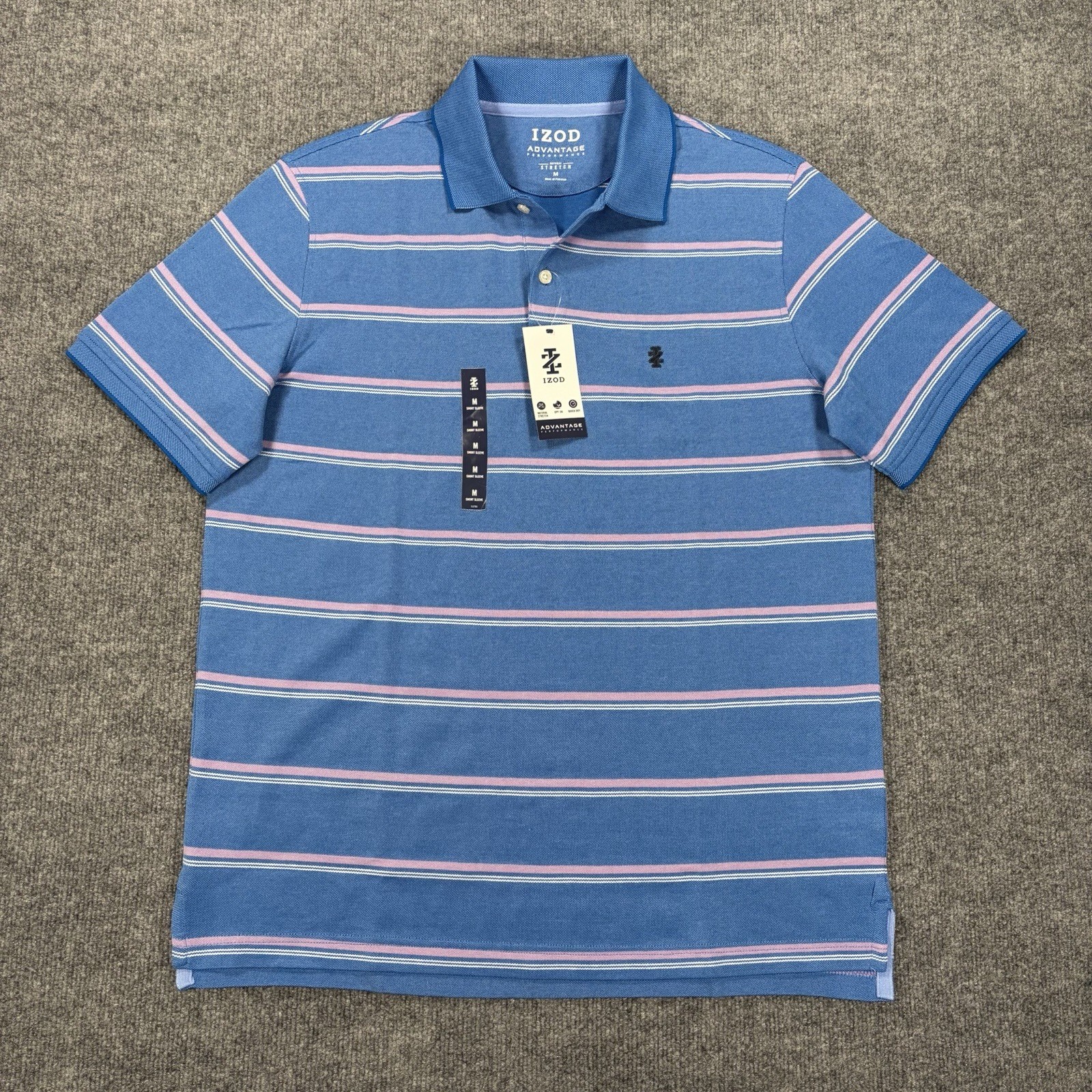 IZOD Advantage Mens M Blue Pink Striped Polo Shirt Short Sleeve Golf Sport Tech IZOD Advantage Mens M Blue Pink Striped Polo Shirt Short Sleeve Golf Sport Tech