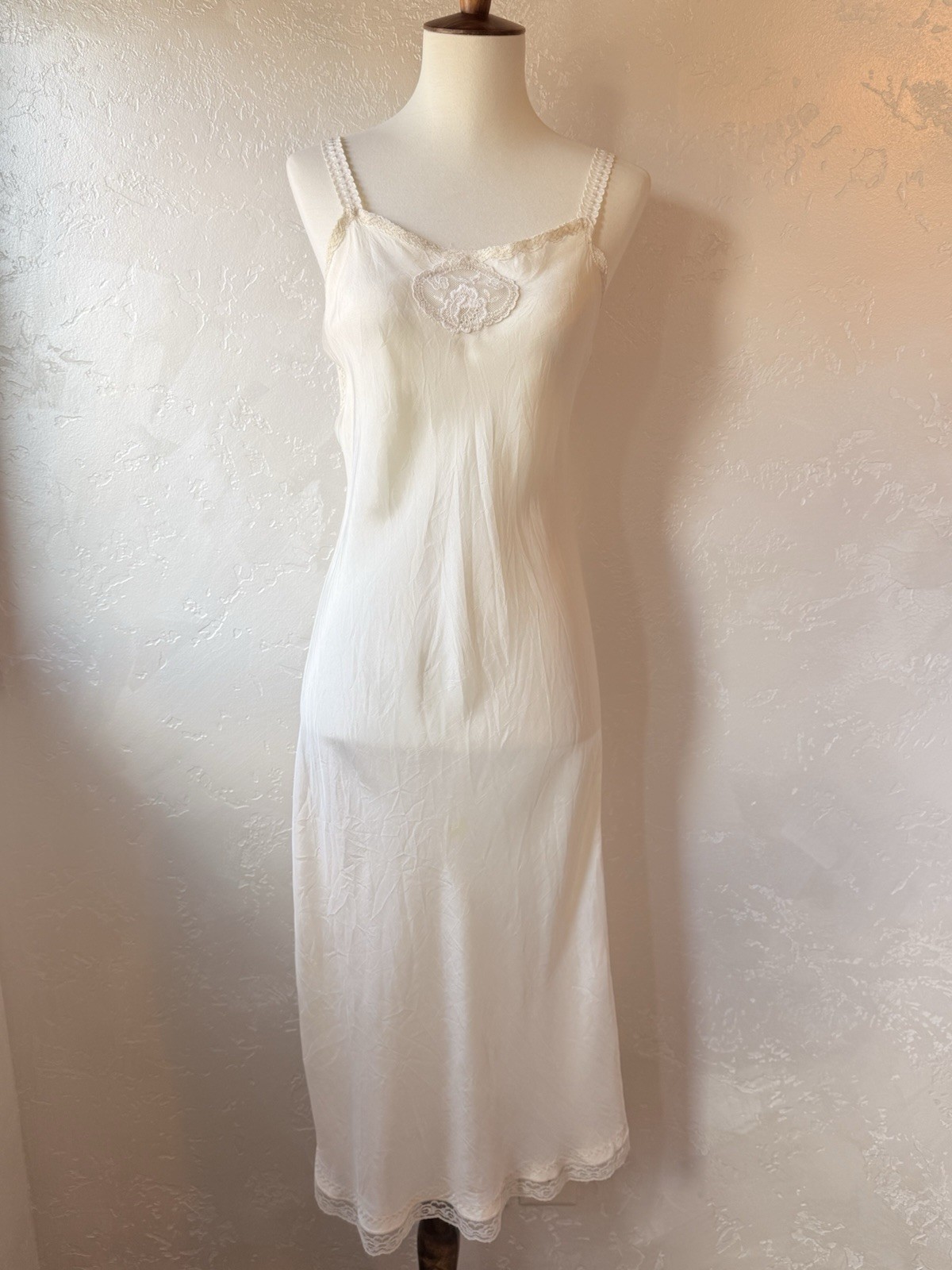 1930s–1940s Vintage Silk/Rayon Slip Dress • Lace Appliqué • Bias Cut • Small