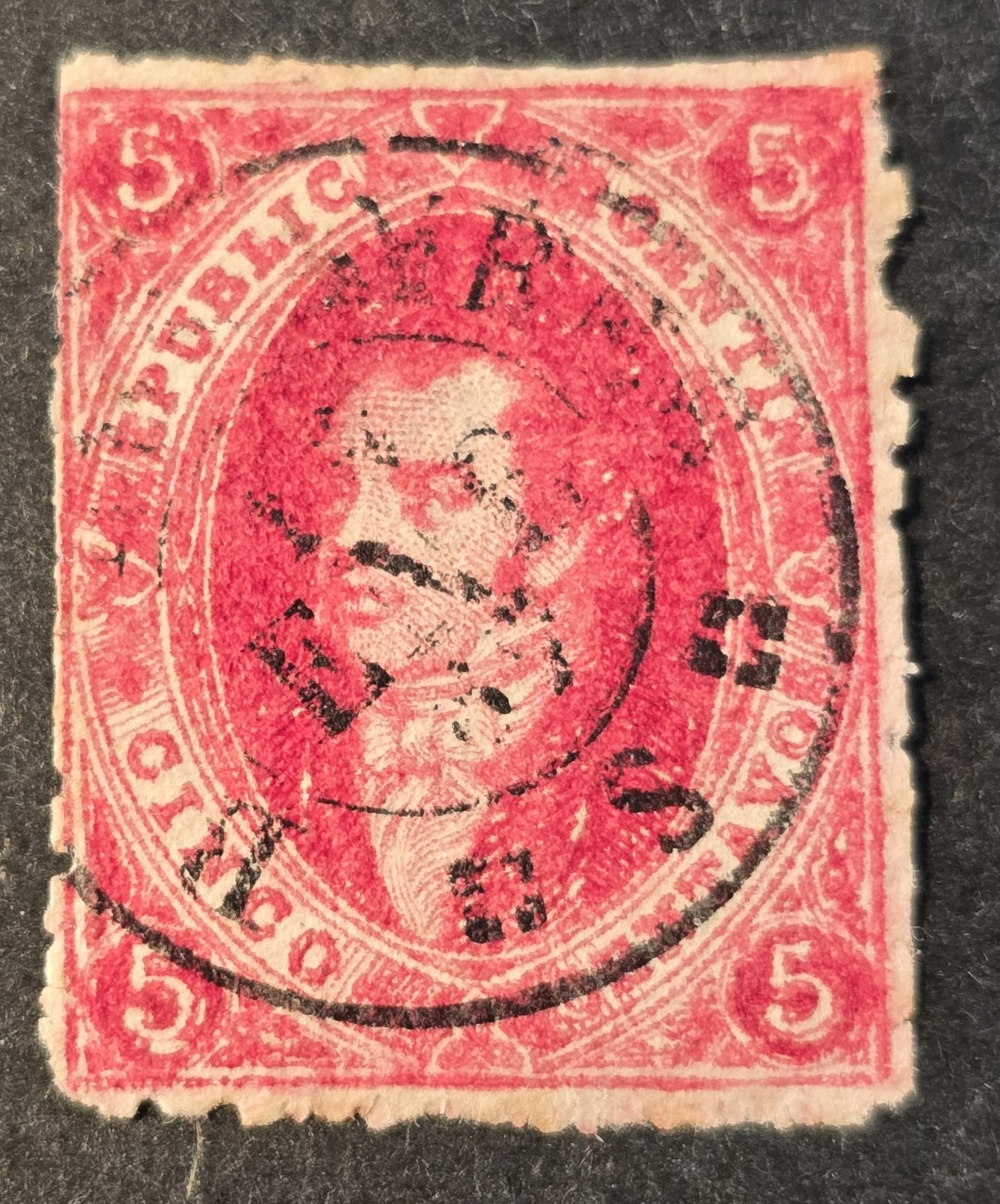 Argentina (Rivadavias) Scott #11B GJ #26 - A4 5c lake - Used - VF - 1864-67