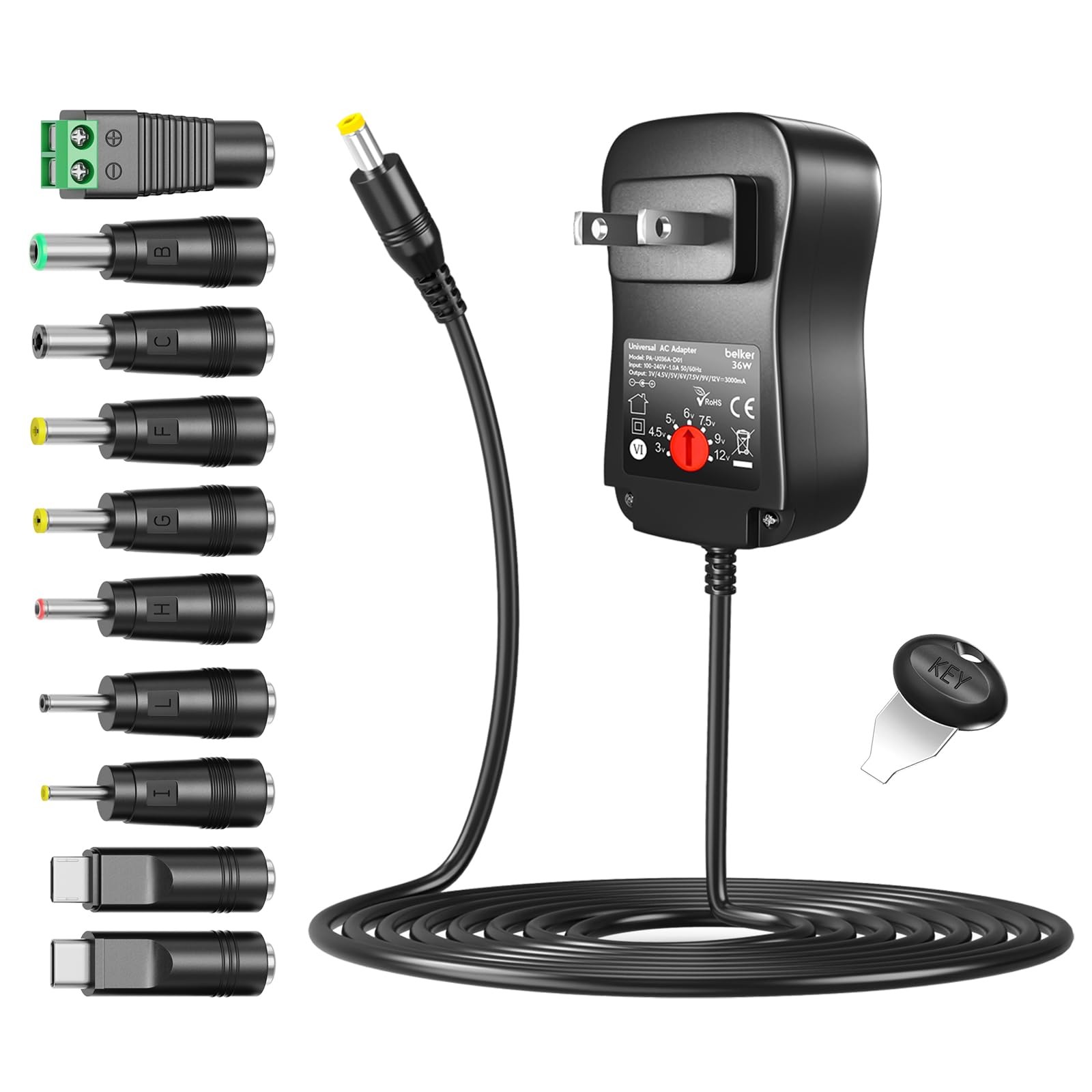 Belker 36W Universal 3V 4.5V 5V 6V 7.5V 9V 12V USBC AC Adapter 10 Tips Belker 36W Universal 3V 4.5V 5V 6V 7.5V 9V 12V USBC AC Adapter 10 Tips