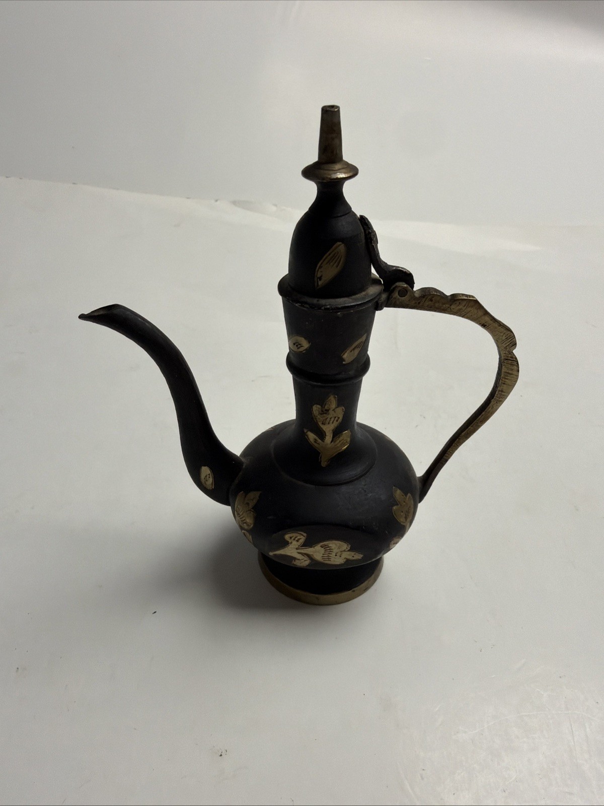 Vintage Middle Eastern Brass Inlaid Coffee Pot Dallah Ewer Decorative