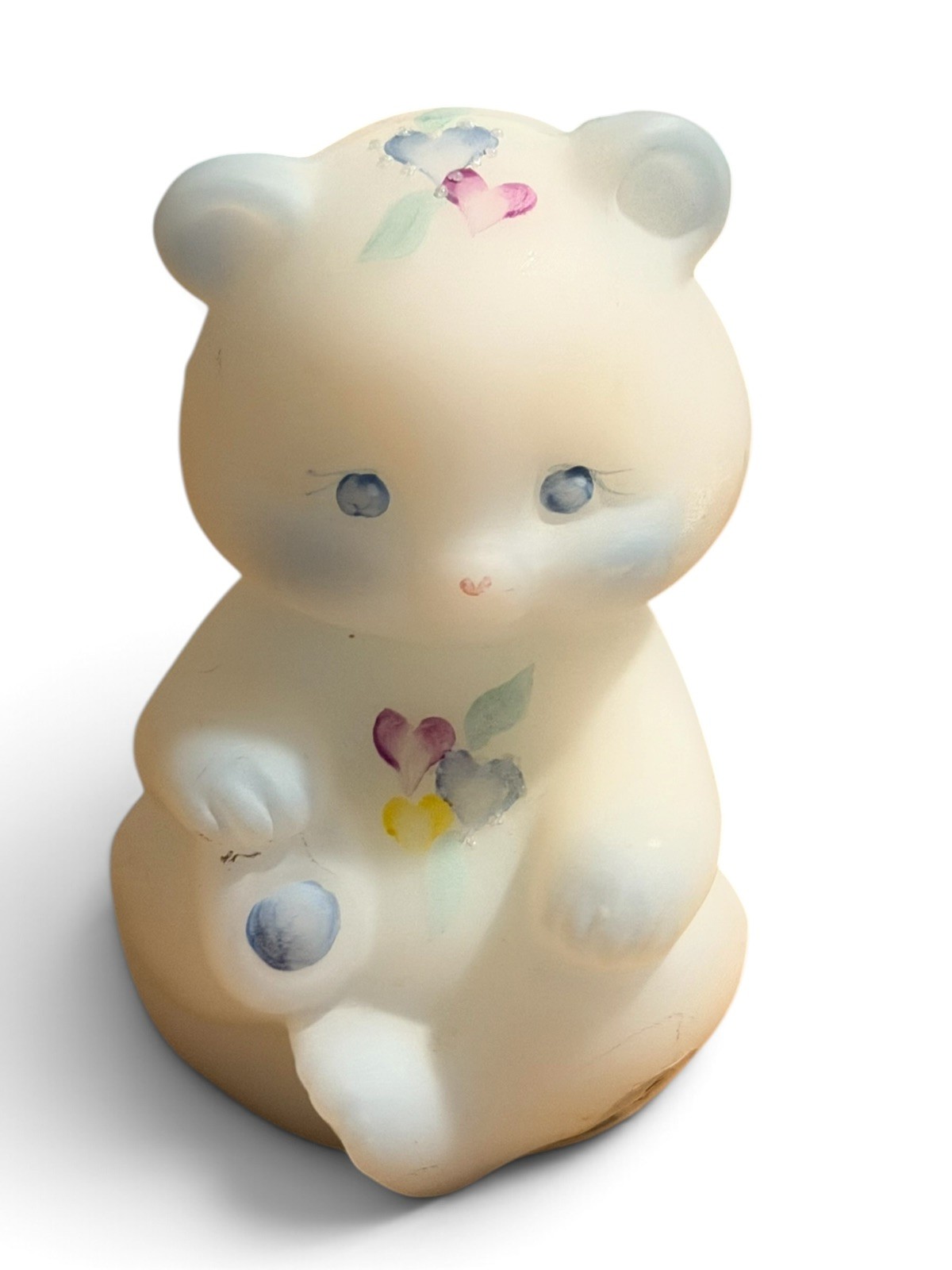 Fenton Satin Glass Bear Figurine Hand Painted Flowers Signed C Riggs USA hearts