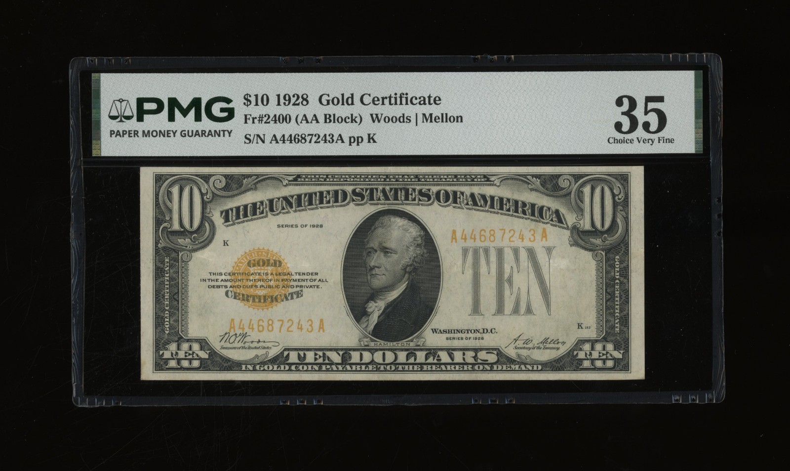 DBR 1928 $10 Gold Certificate Fr. 2400 PMG 35 Serial A44687243A