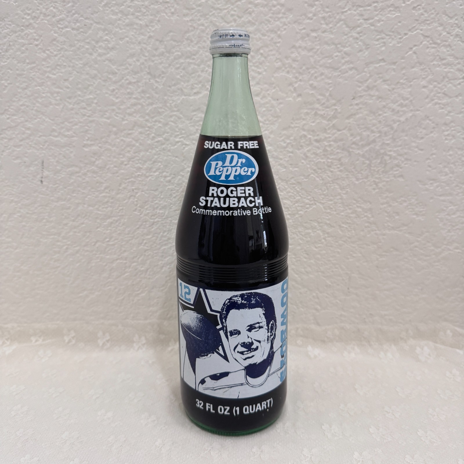 Vintage Dr Pepper Roger Staubach Dallas Cowboys 32oz Commemorative Bottle Full
