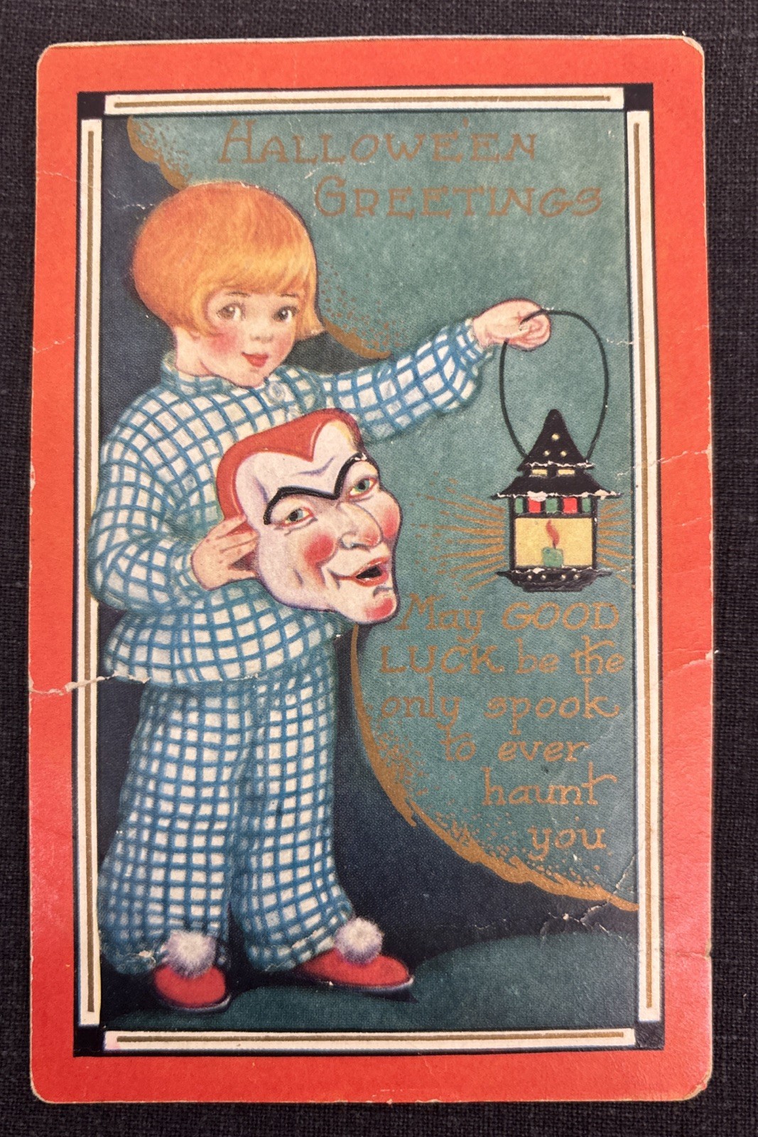 Vintage Halloween Greetings Postcard Whitney Made Girl With Mask Candle Lantern Vintage Halloween Greetings Postcard Whitney Made Girl With Mask Candle Lantern