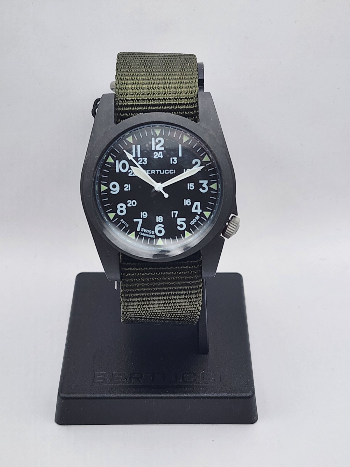 Bertucci Watch 13351 A-3P Sportsman - Black Dial/ Black Case w/ Olive Nylon Band Bertucci Watch 13351 A-3P Sportsman - Black Dial/ Black Case w/ Olive Nylon Band