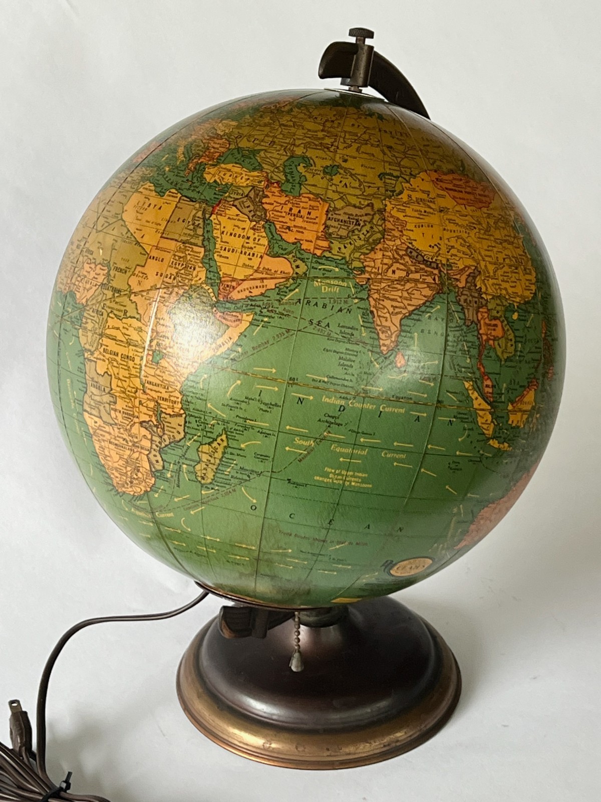 Vintage 1940s Cram\'s Terrestrial Illuminated Rotating Glass Globe 10 1/2\