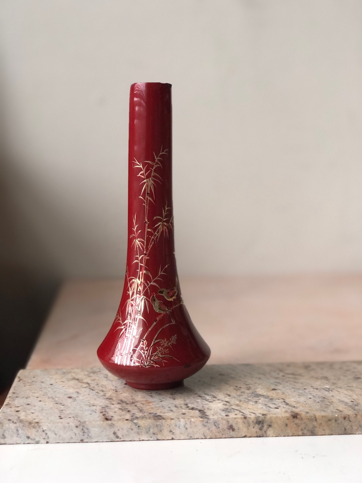 Elegant Red Lacquer Vintage Japanese Bud / Flower Vase w/ Bird & Bamboo Design Elegant Red Lacquer Vintage Japanese Bud / Flower Vase w/ Bird & Bamboo Design