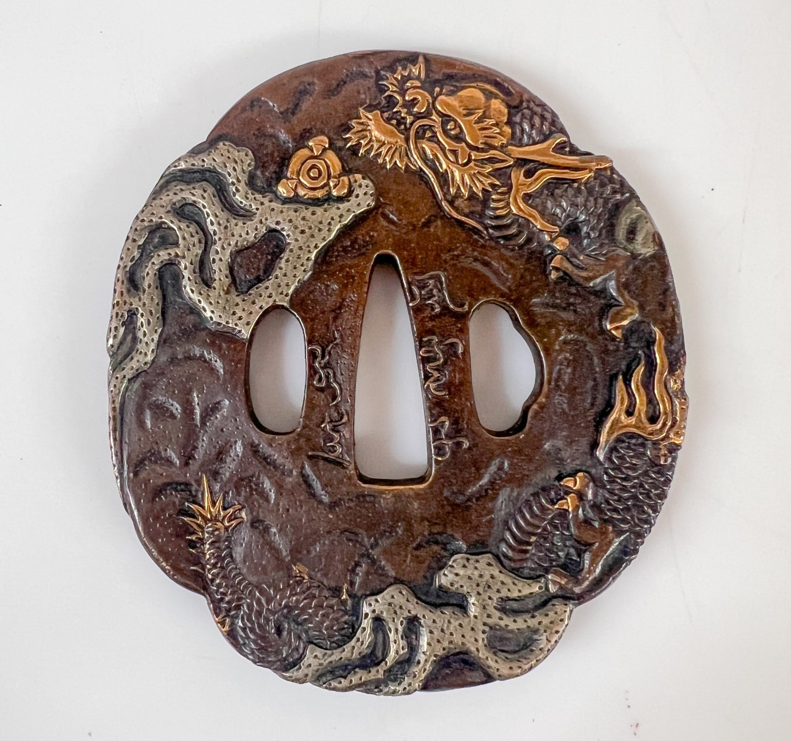 Japanese Mokko Tsuba Unryu Dragon in Clouds Mixed Metals Japanese Mokko Tsuba Unryu Dragon in Clouds Mixed Metals