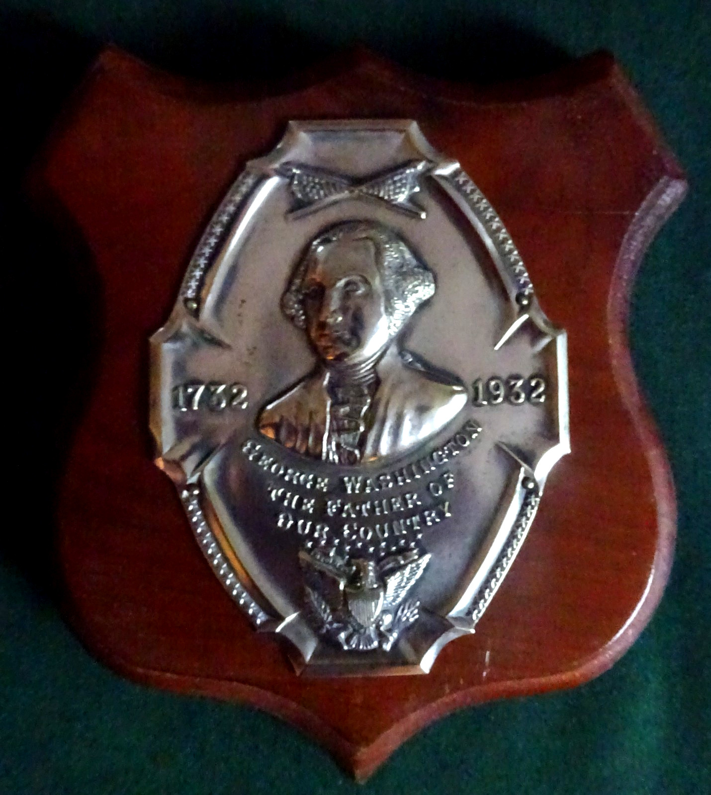 George Washington Bicentenary Silver Plated Plaque Mounted on Wooden Shield 1932