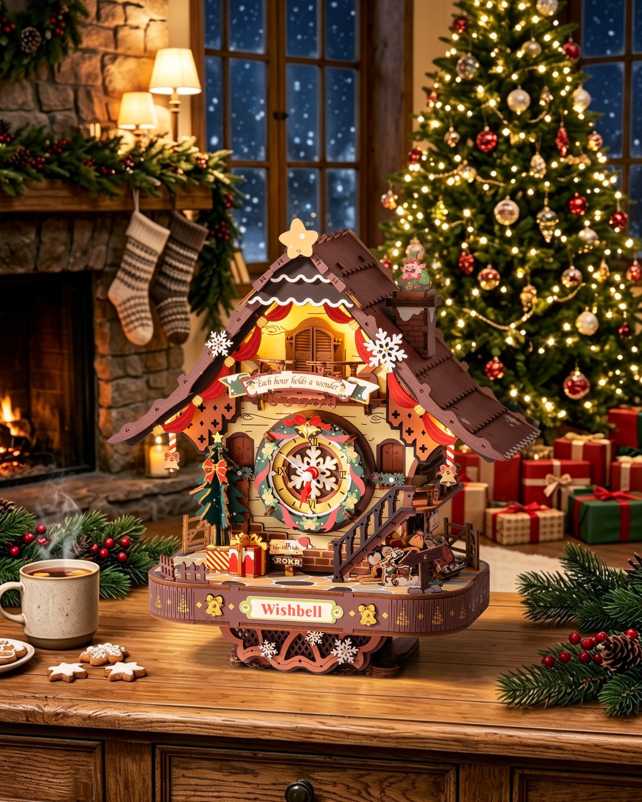 ROKR Christmas Cuckoo Clock Wooden 3D Puzzle Mechanical Model Kits DIY Xmas Gift