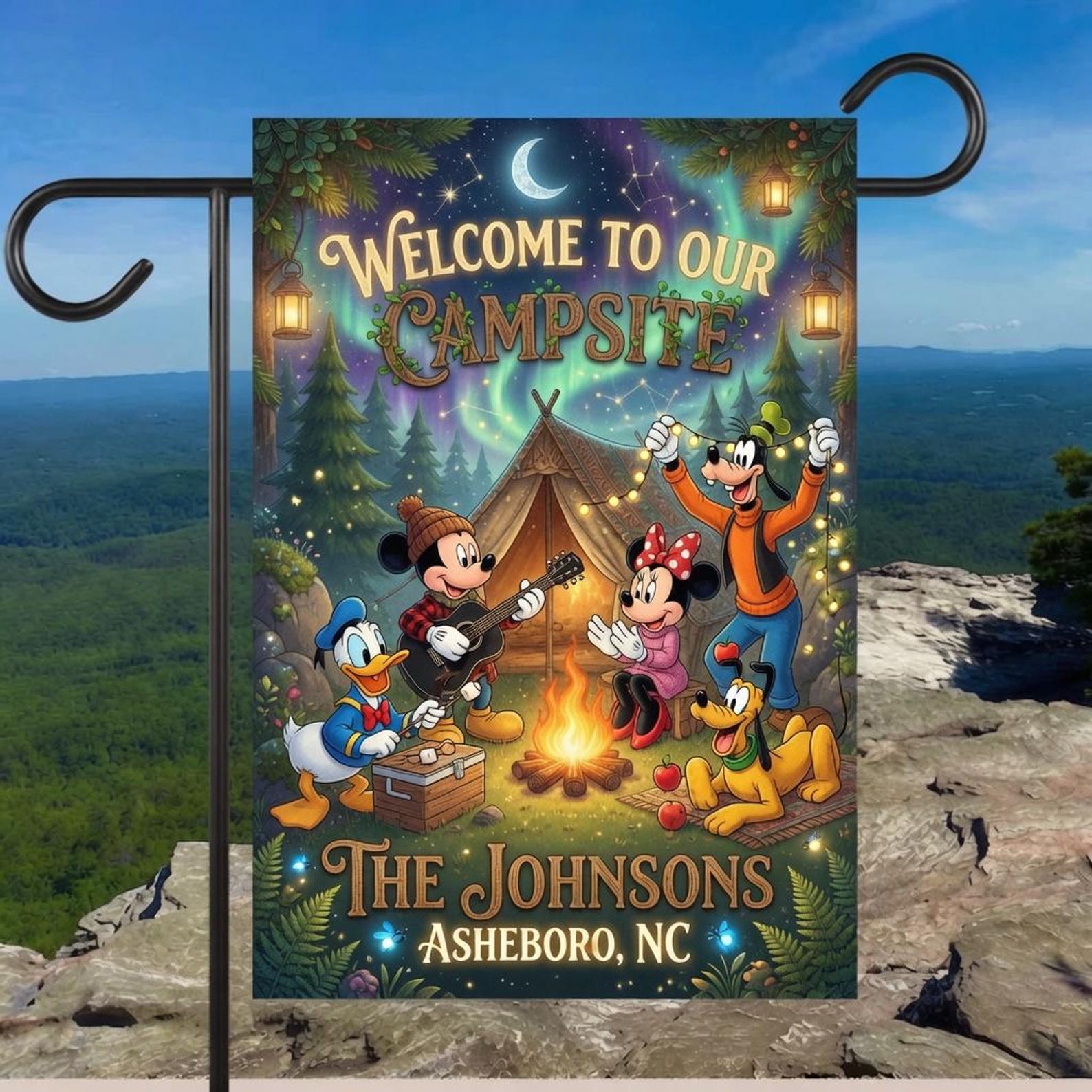 Personalized Disney Campsite Garden Flag, Custom Family Camping Welcome Yard Dec