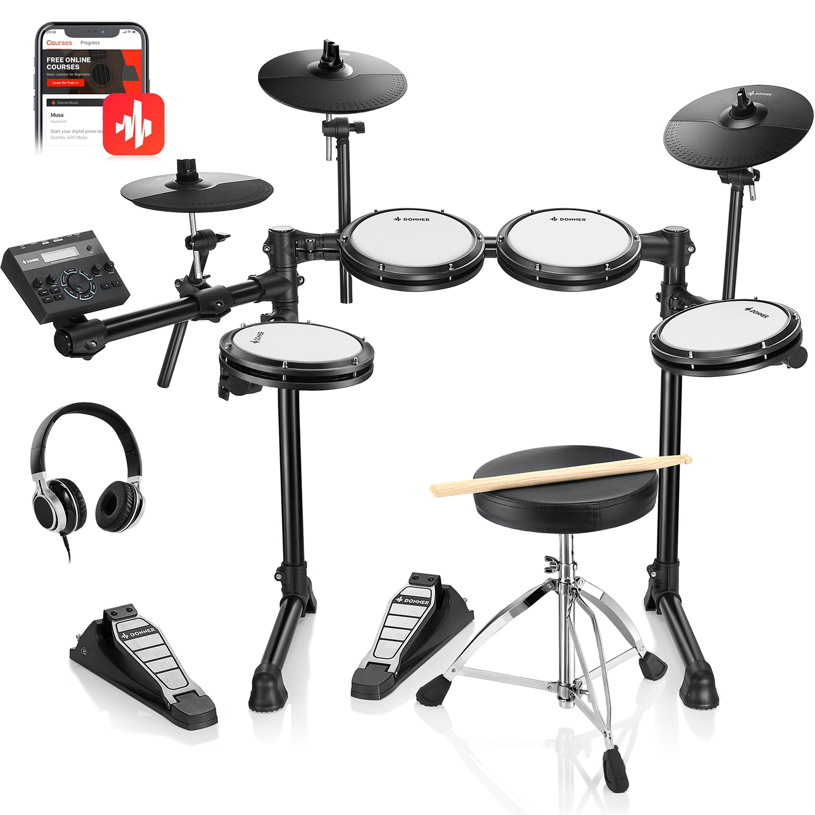 Donner DED-200 Lite Electric Drum Set + Throne Headphone Cubase Melodics Lessons