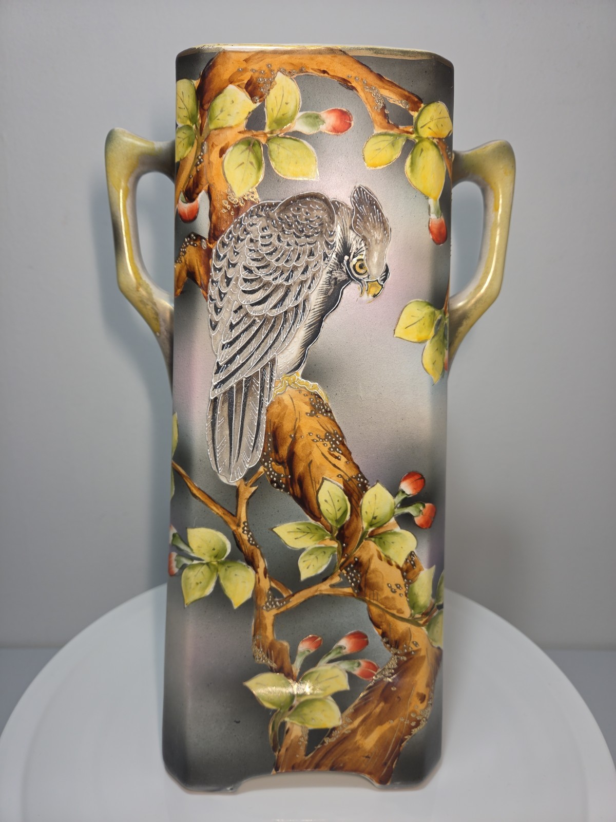 Antique Royal Nishiki Nippon Hawk Moriage Beading Vase 1906-1921 Hand Painted -