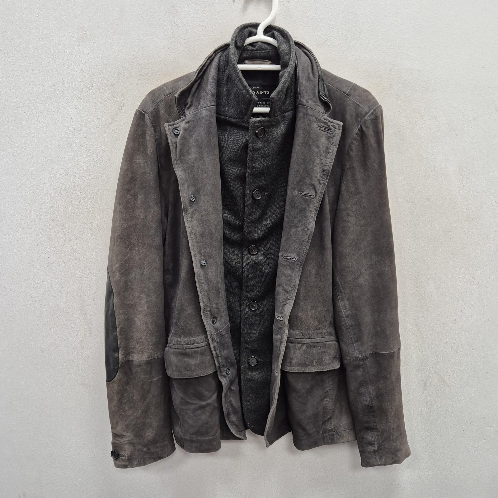 AllSaints Survey Leather Blazer Jacket Size M Grey Elbow Patches Wool Lined