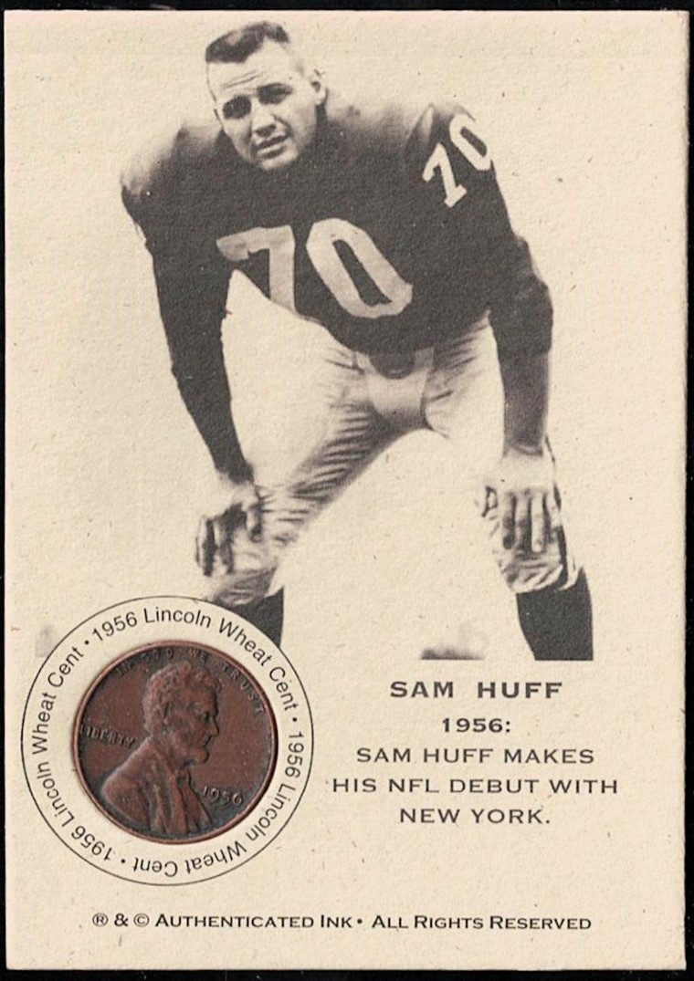 SAM HUFF - 1956 Lincoln Wheat CENT Football Coin Card - NEW YORK GIANTS