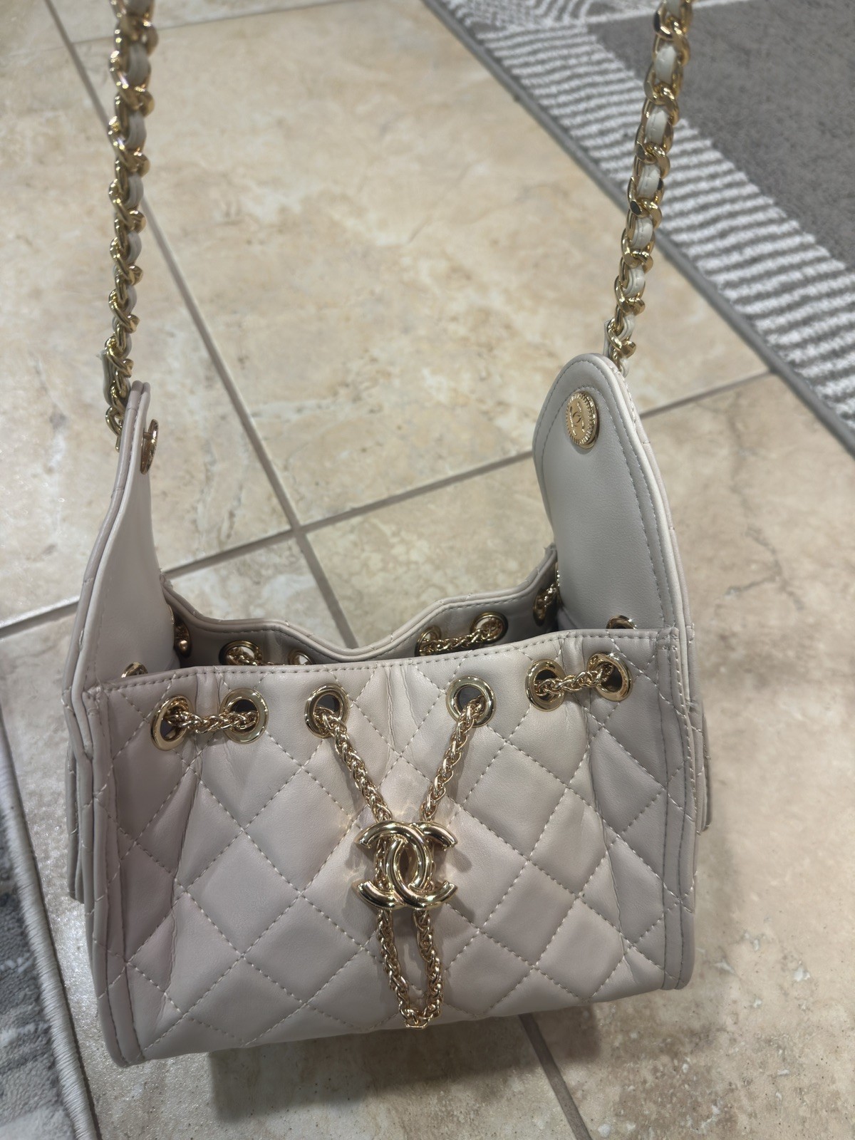 CHANEL CC Mini Hobo Bag Cream White Quilted Leather With Gold Strap And Hardware