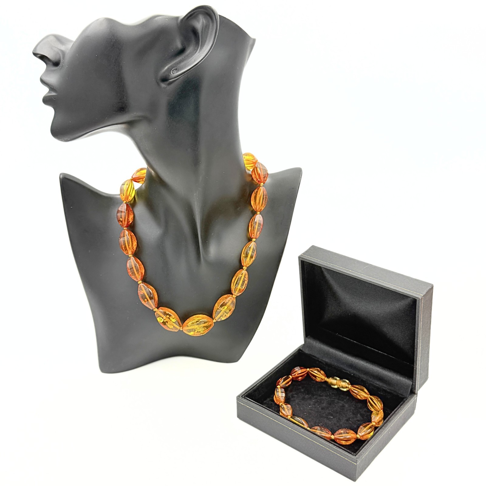 Vintage Russian Baltic Amber Honey Oval Carved Bead Graduated Necklace Set