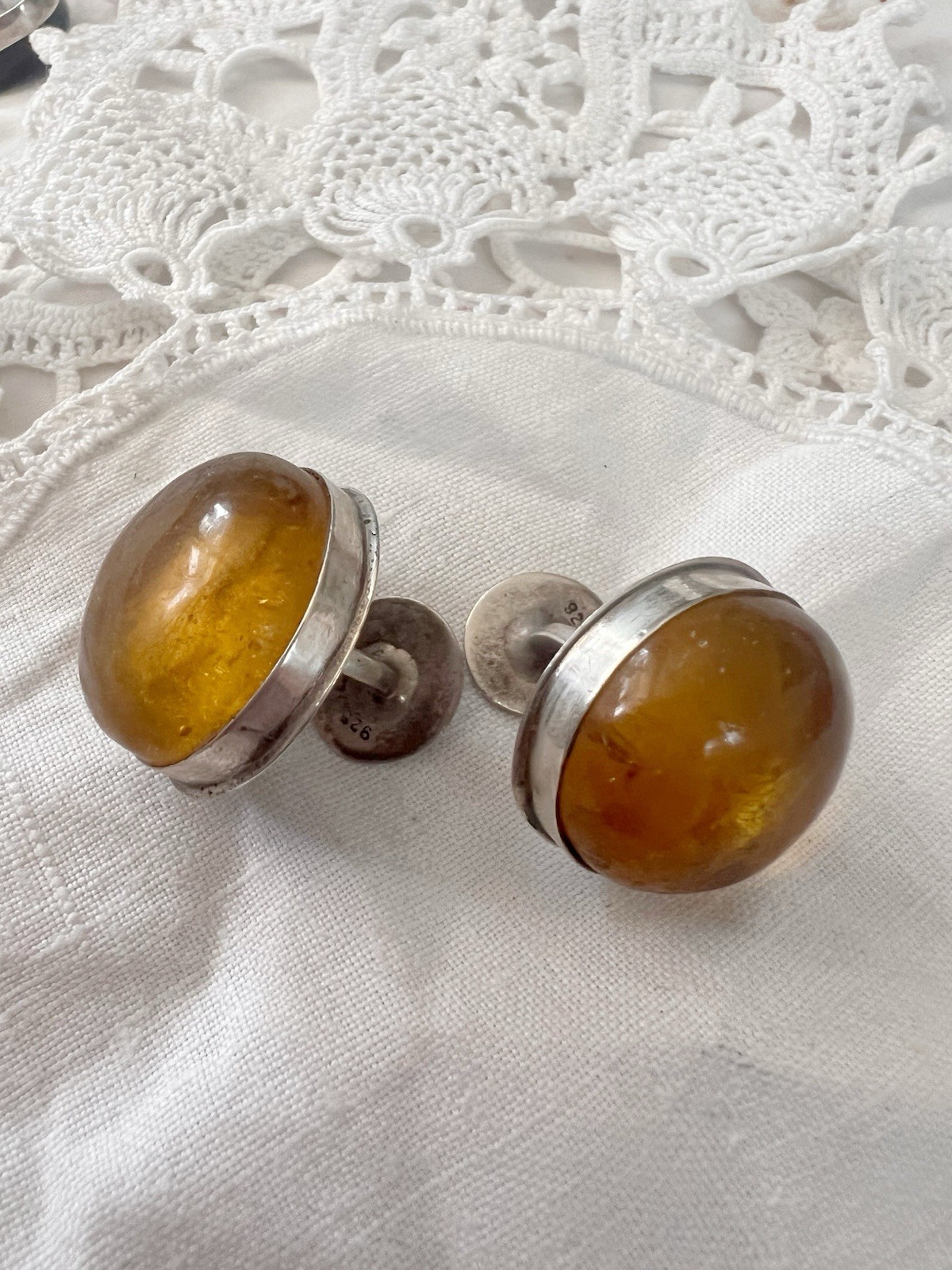 Rare Vintage Huge Silver  925 Amber Cufflinks Round  Dome Cabochons Handmade