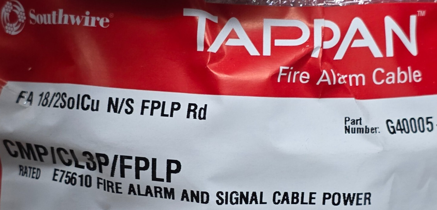Southwire/Tappan G40005 18/2C Solid N/S Plenum Fire Alarm Cable FPLP Red /100ft