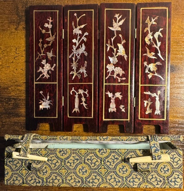 Vintage Miniature Asian 4 Panel Screen Mother of Pearl Inlay include Brocade Box