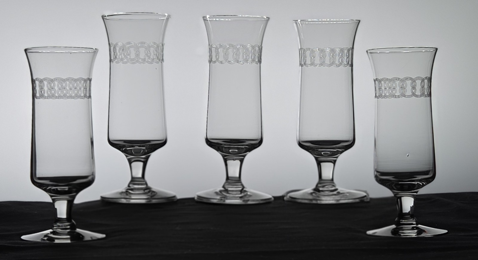 ANTIQUE Set of 5 Needle Etched Double Guilloche Crystal Cordial Parfait Glasses
