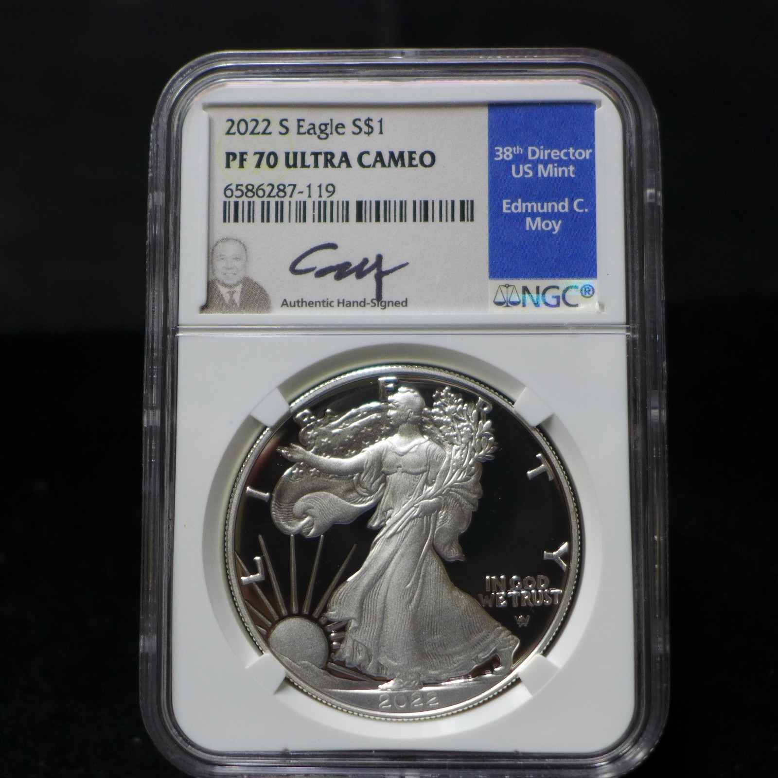 2022-S American Silver Eagle Proof NGC PF70 Ultra Cameo Edmund C. Moy Signed