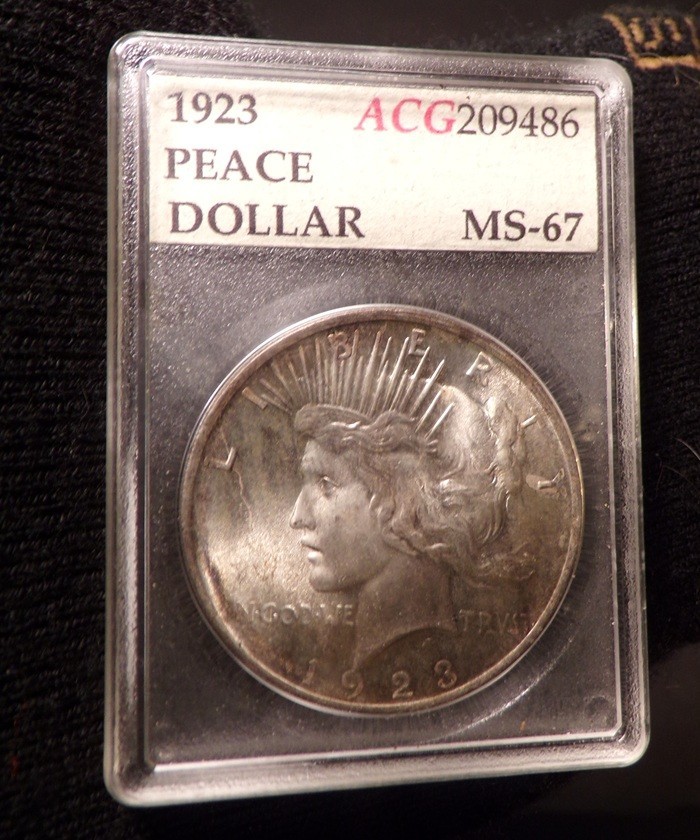 1923 p Peace Dollar Beautiful BU coin in old ACG Slab Holder MS 67 Rare Hi Grade