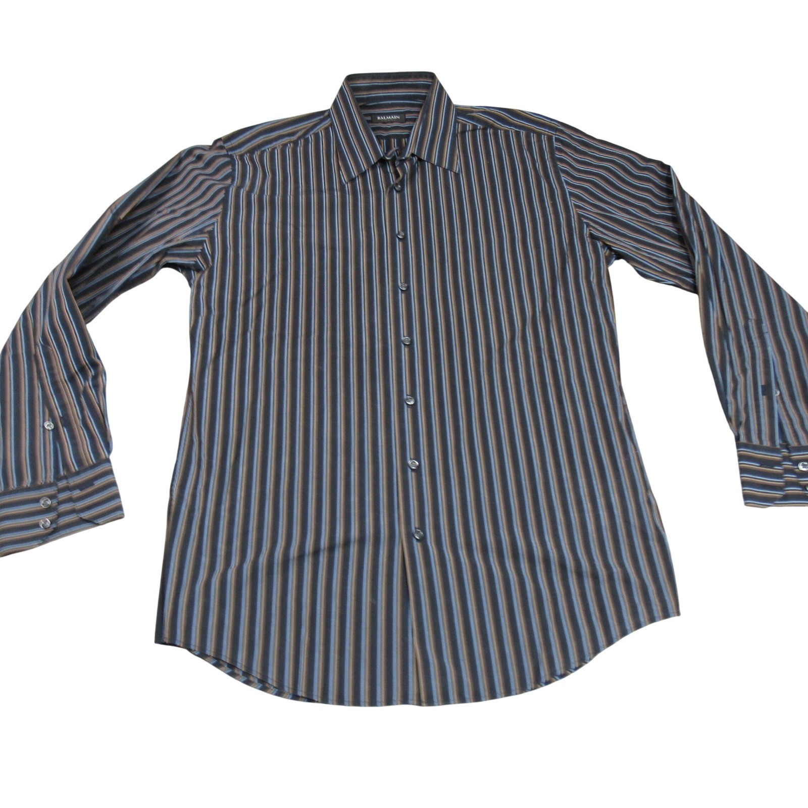 Balmain Homme Mens Striped Long Sleeve Button Down Shirt Blue Brown Black 16/41