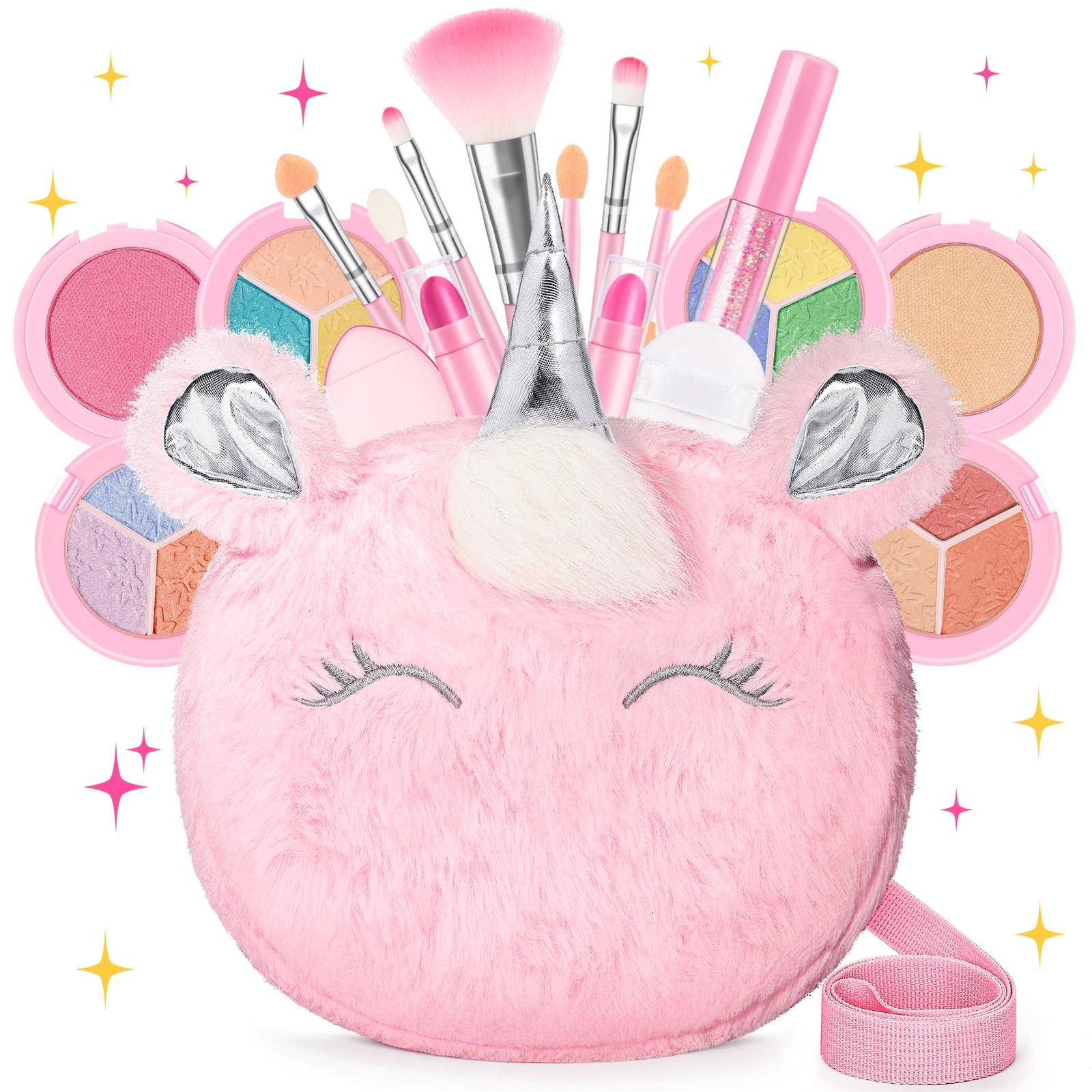 18Pcs Kids Real Makeup Kit for Girls Age 3-10 wih Fluffy Purse Unicorn Pink