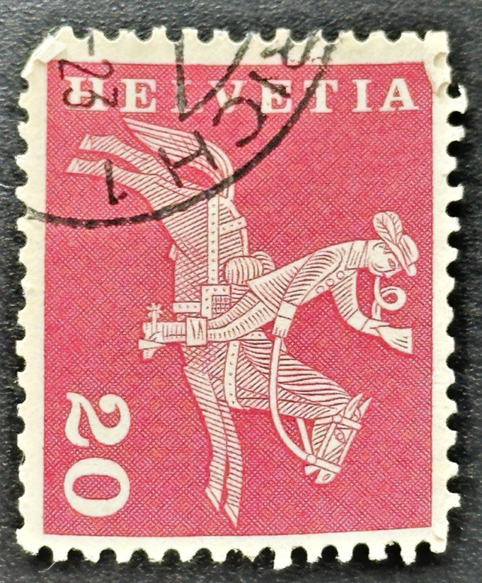 1960 Switzerland 20 Rappen Post Rider Horse Stamp Scott #385 Used Helvetia