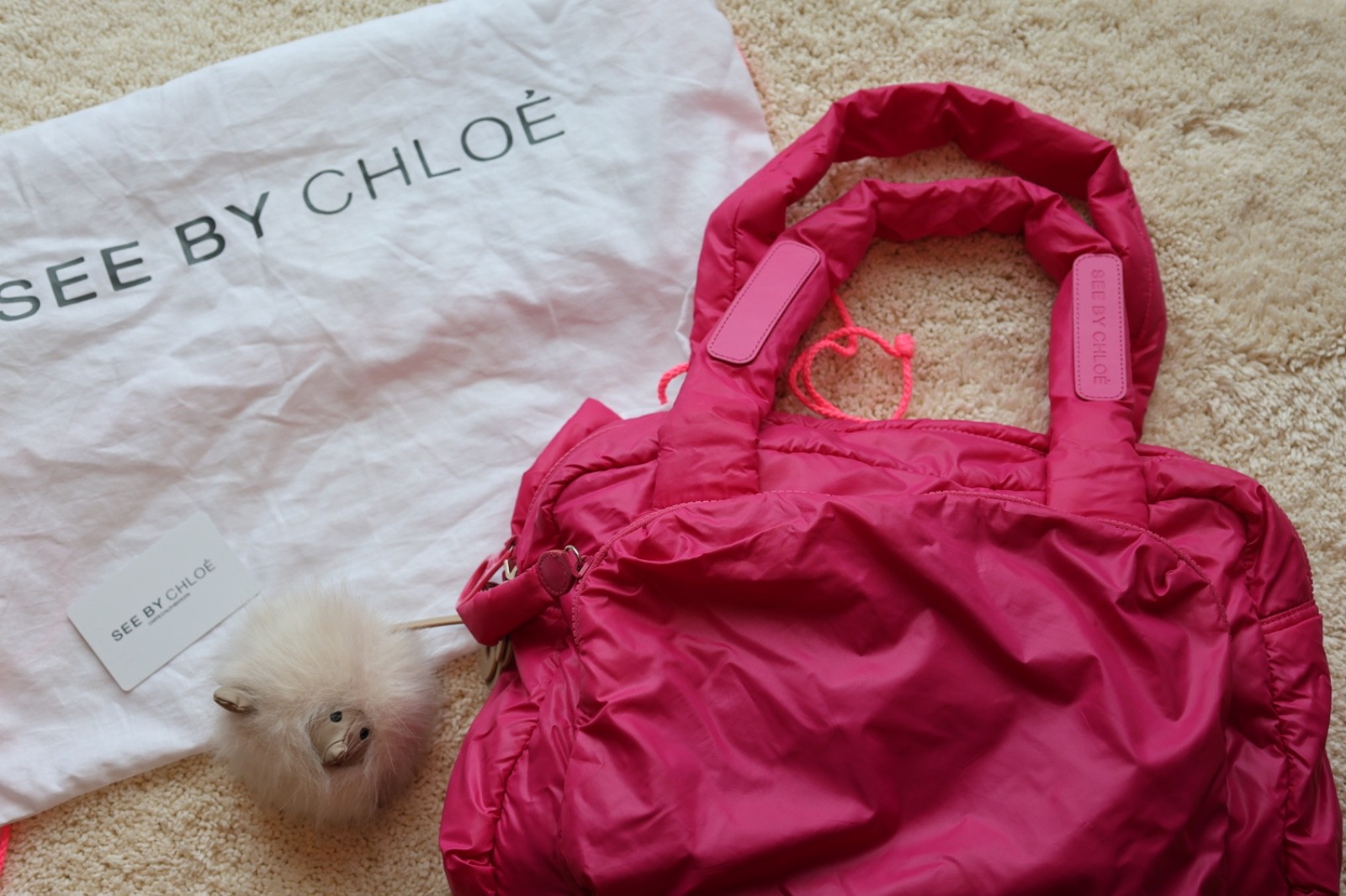 SEE BY CHLOE Nylon Pink Handbag with White Sheep Charm SEE BY CHLOE Nylon Pink Handbag with White Sheep Charm