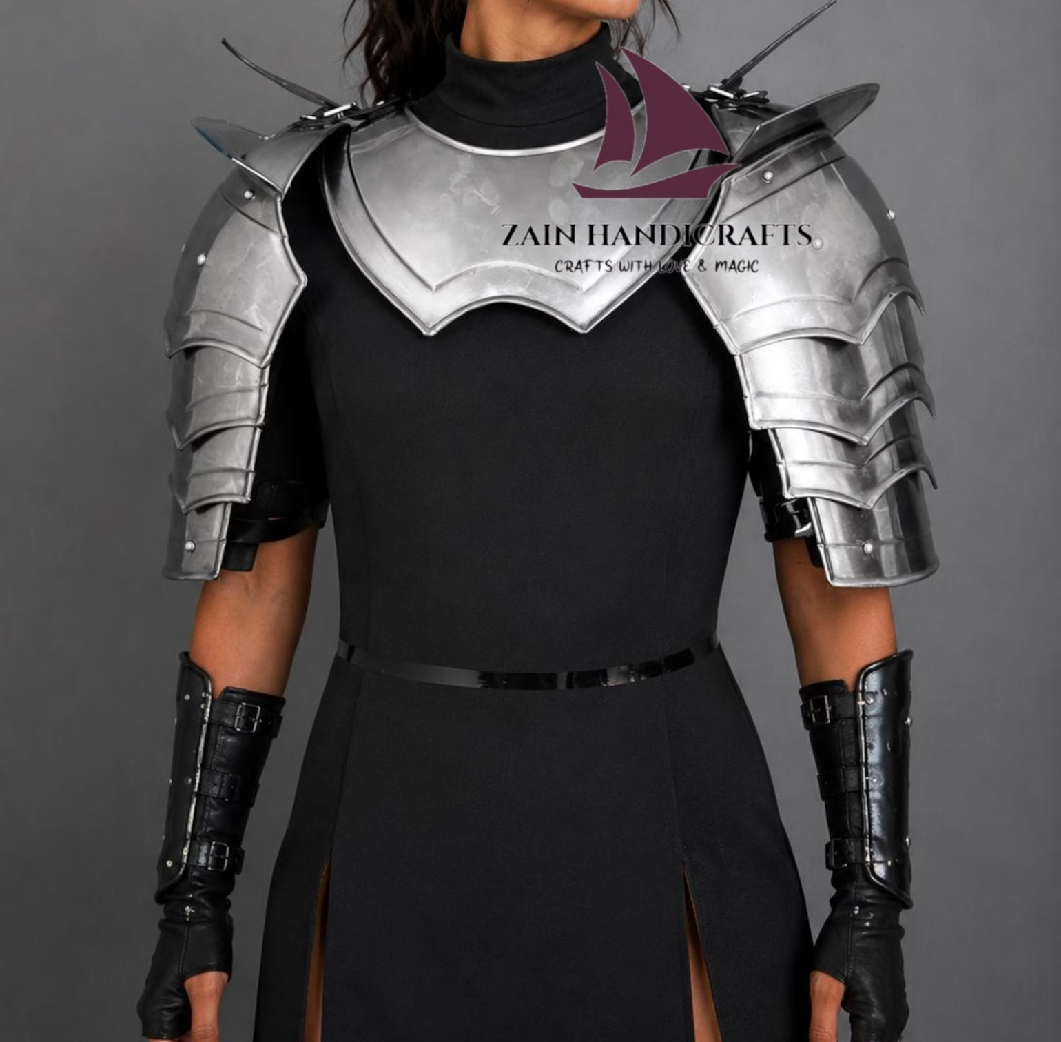 ZAIN Handmade Brave Lady Knight Armor Steel Gorget & Pauldrons Christmas Gift