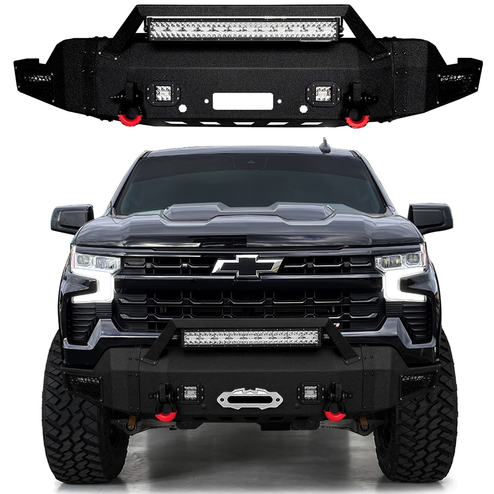 Vijay For 2022-2026 Chevy Silverado 1500 Front/Rear Bumper W/Winch Plate&Lights