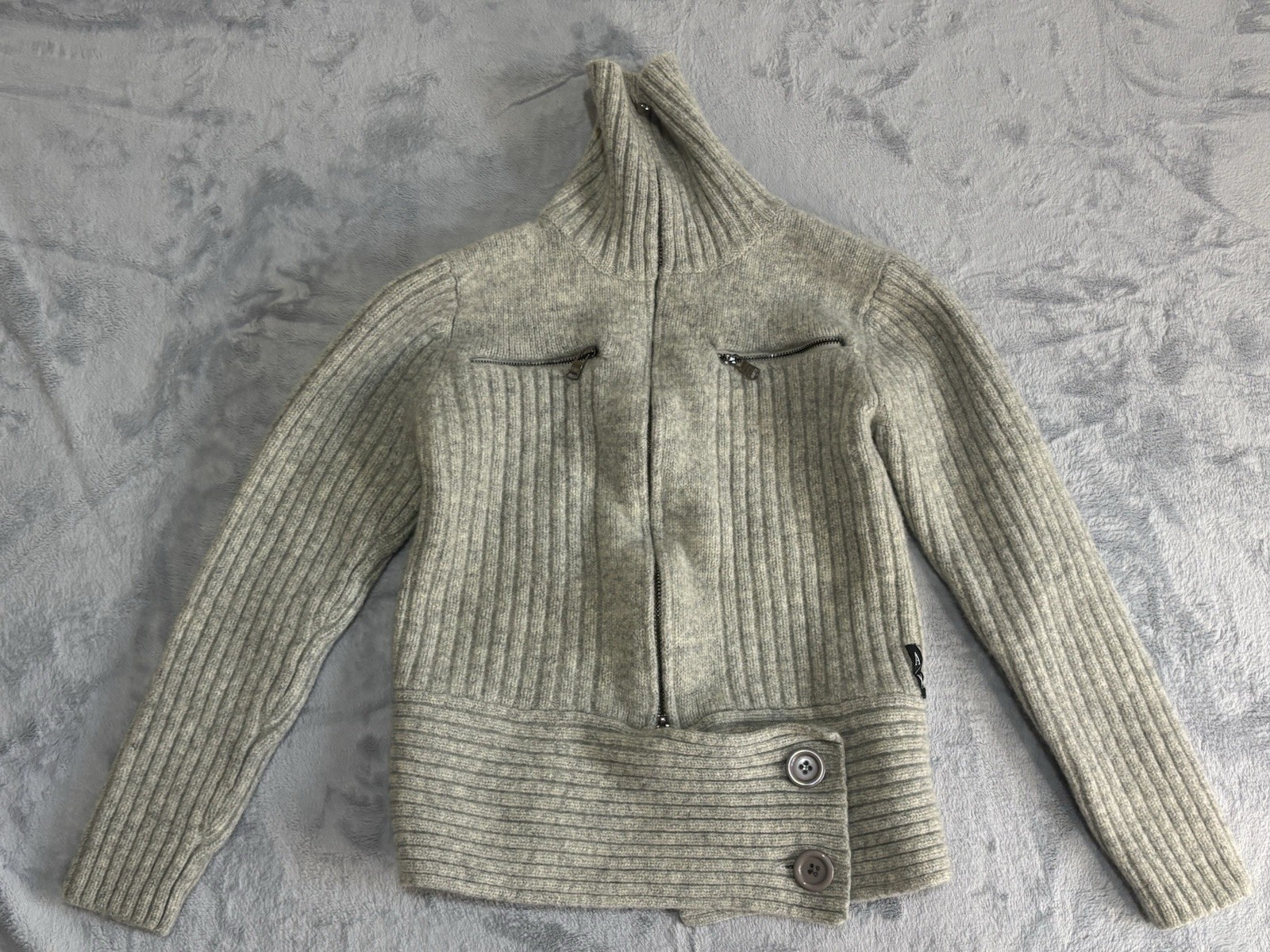Vintage AX Armani Exchange Y2K Lambswool Ribbed Sweater Jacket Gray Womens XS M