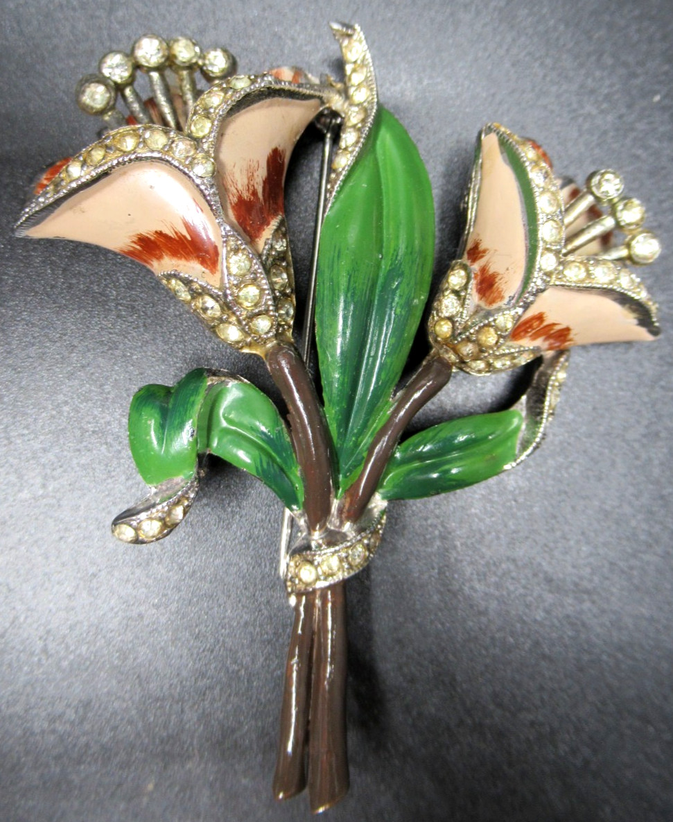 CORO Unsigned Enamel Rhinestone Floral Trembler Vintage Pin Brooch