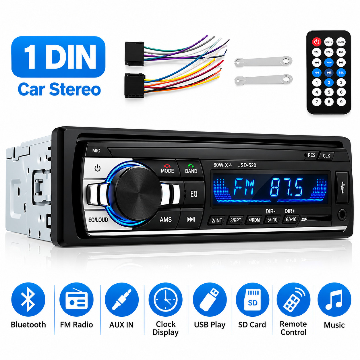 JSD-520 Single DIN Car Stereo Bluetooth FM Radio USB SD AUX MP3 Player