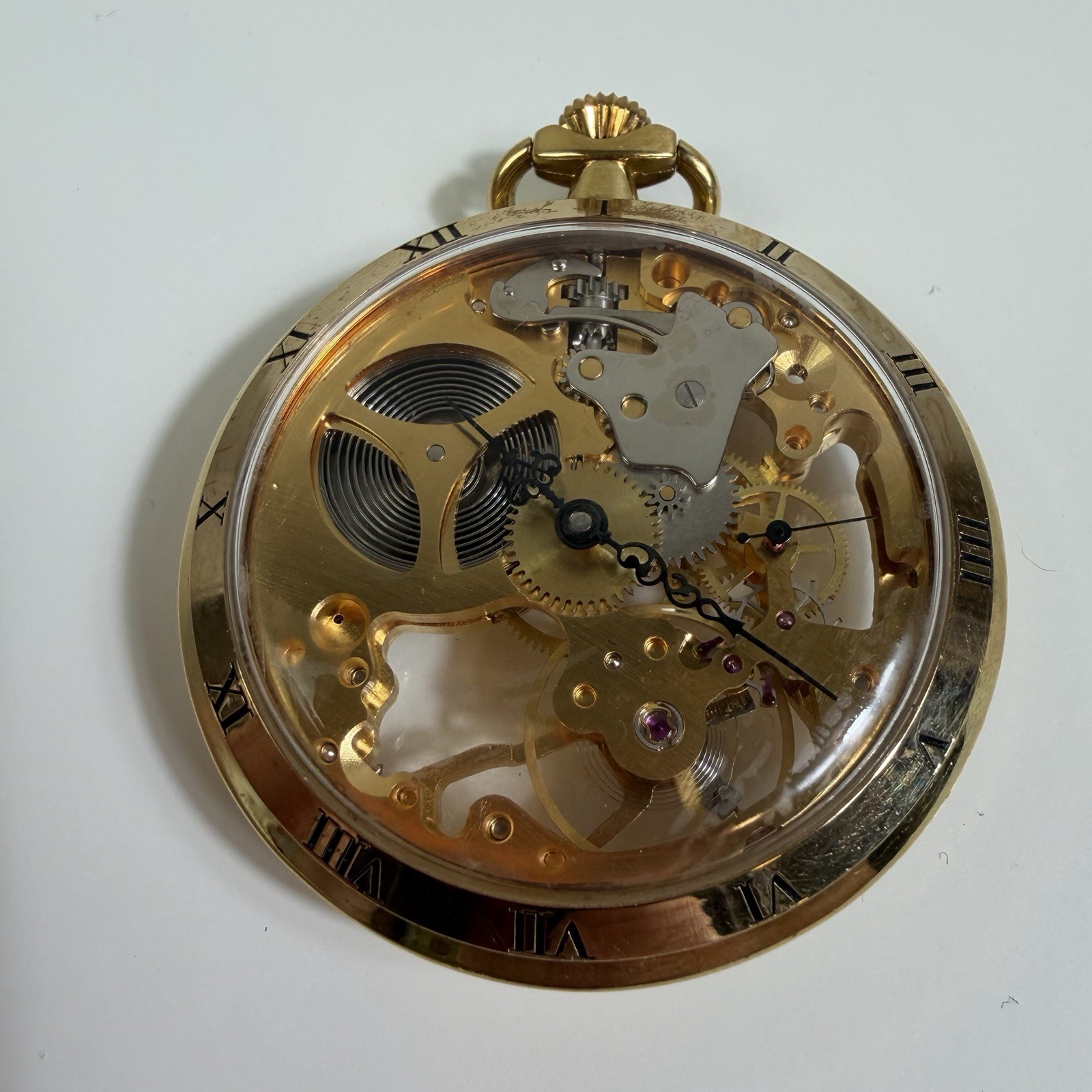 Rare R Müller Seventeen Jewels Skeleton Pocket Watch Gold Tone Imperfections VTG