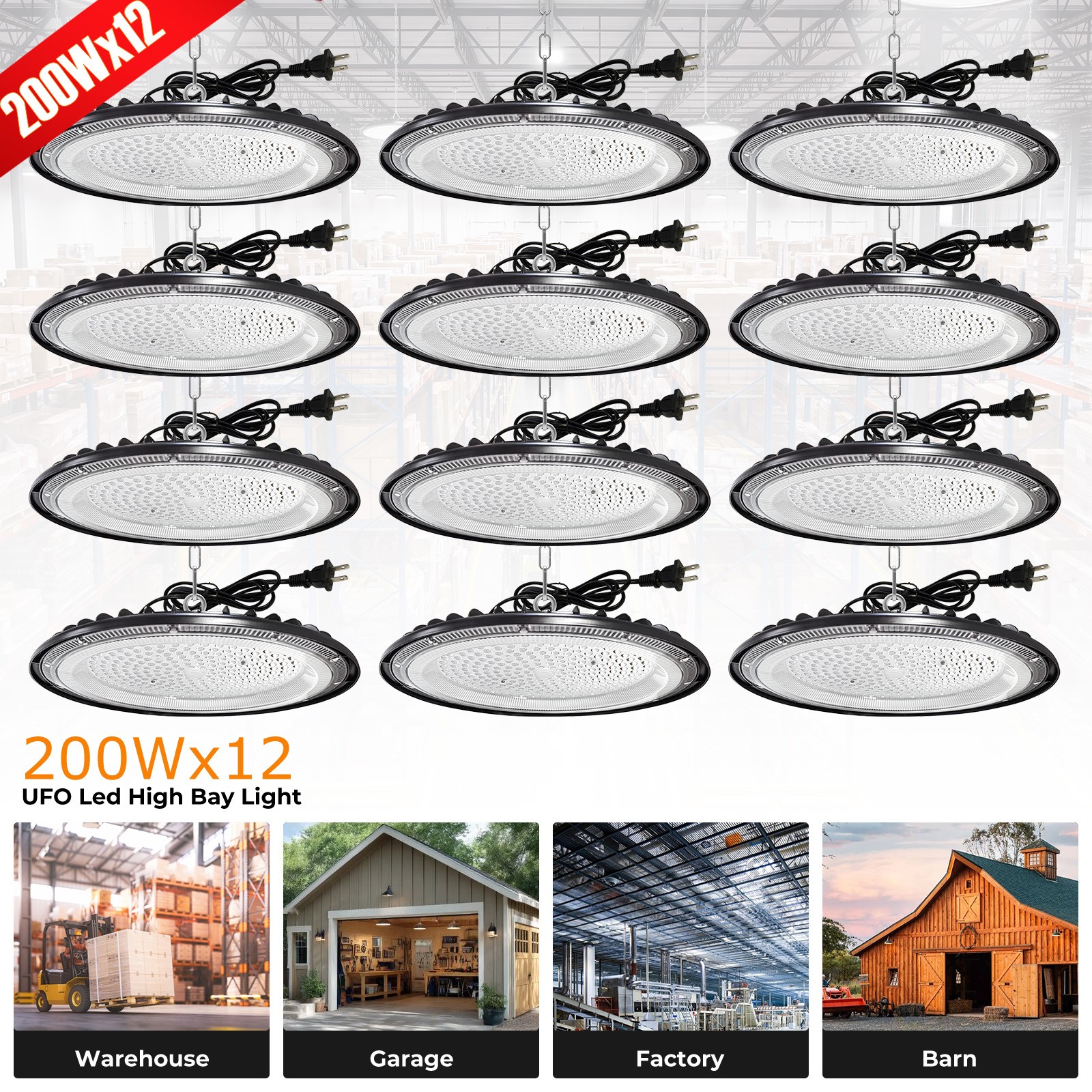 12Pcs UFO Led High Bay Light 200W Commercial Industrial Warehouse Factory Light