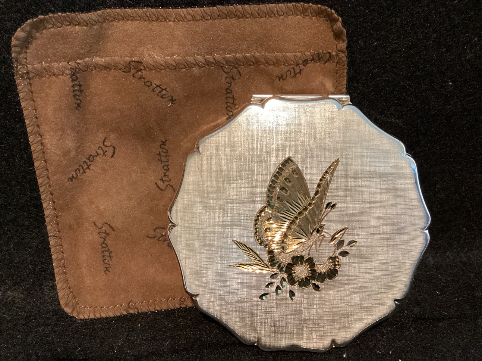 VTG “Stratton” Etched Butterfly Compact, Gold/Silver, W/Slipcase, England VTG “Stratton” Etched Butterfly Compact, Gold/Silver, W/Slipcase, England