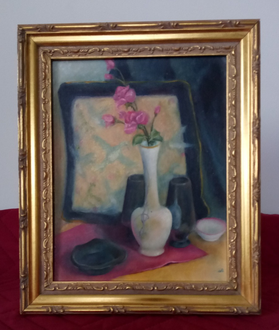 Hand Painted Still Life Oil on Canvasboard 8 by 10 with Gold 10 by 12 Frame Hand Painted Still Life Oil on Canvasboard 8 by 10 with Gold 10 by 12 Frame