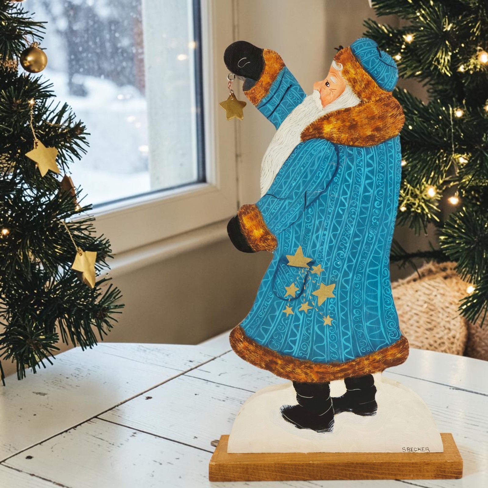 VTG Hand Painted Wood Santa Claus Blue Coat Standing Figure Hanging a Star 17 VTG Hand Painted Wood Santa Claus Blue Coat Standing Figure Hanging a Star 17