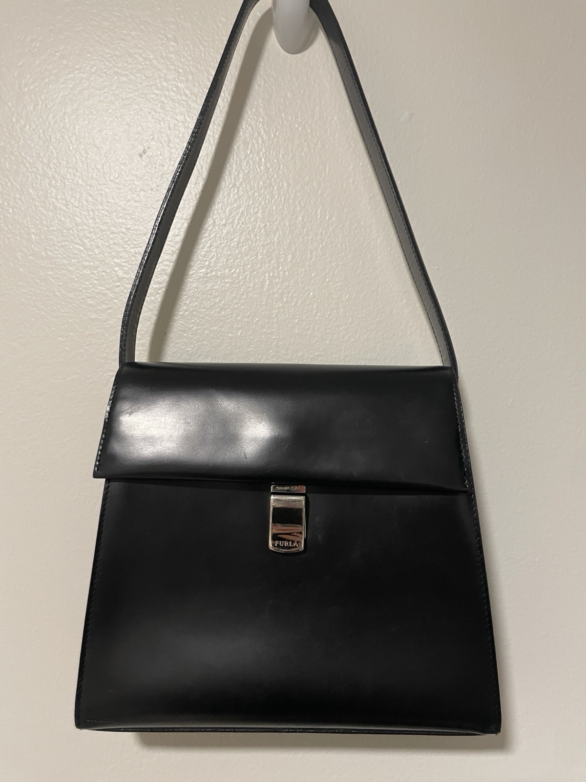Furla Italy Black Leather Shoulder Bag Vintage Minimalist Structured Handbag