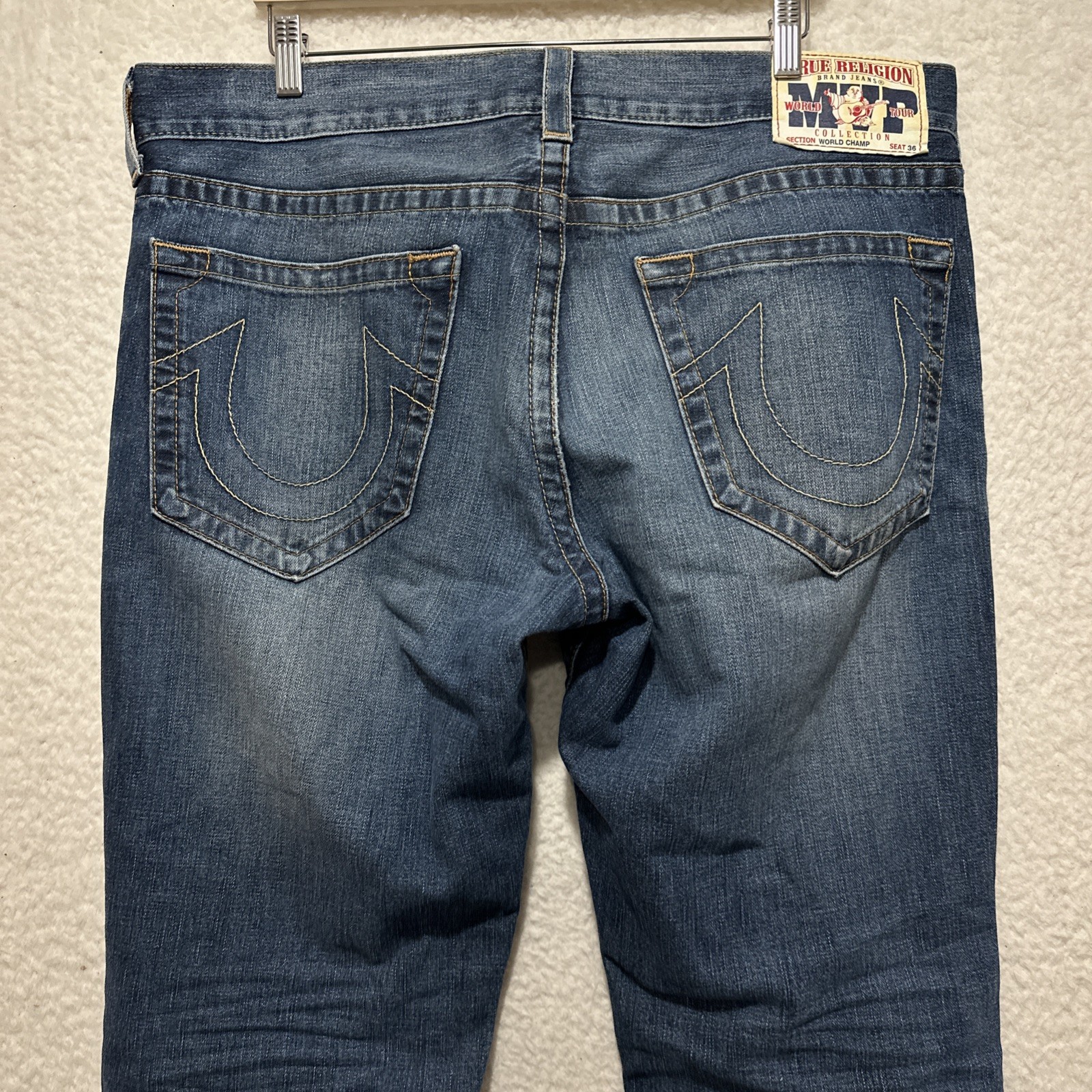Vintage True Religion World Champ Blue Wash Straight Jeans Sz 36 Made In USA Vintage True Religion World Champ Blue Wash Straight Jeans Sz 36 Made In USA